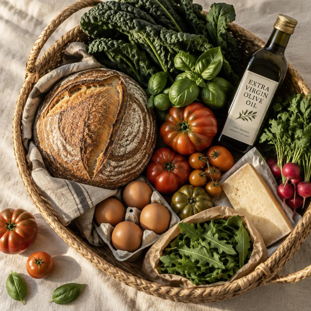 A basket of fresh produce, bread and eggs
